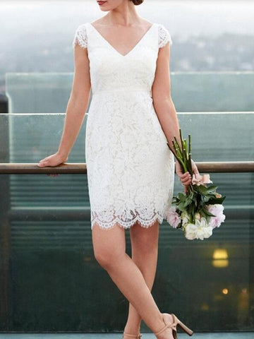 Lace Simple Knee Length V Neck Cap Sleeves Short Casual Bridal Gown BWD102