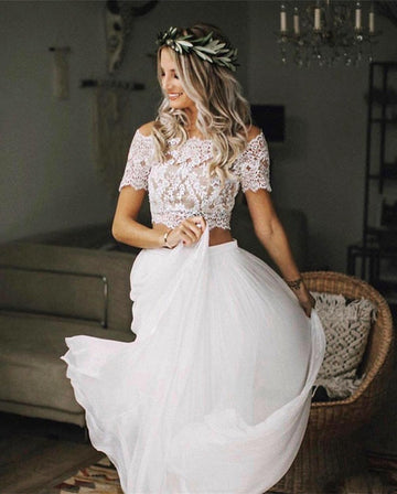 Simple Short Sleeve Beach Flowy Short Sleeve Lace Crop Top 2 Piece Wedding Dress BWD105