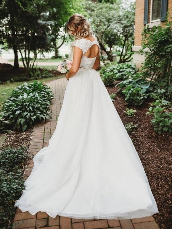 Beach Short Sleeve Country Open Back Lace Top Two Piece Flow Wedding D Beach Short Sleeve Country Open Back Lace Top Two Piece Flow Wedding D