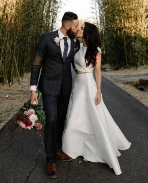 Simple Casual Satin Short Sleeve Two Piece Outdoor Wedding Dress BWD11