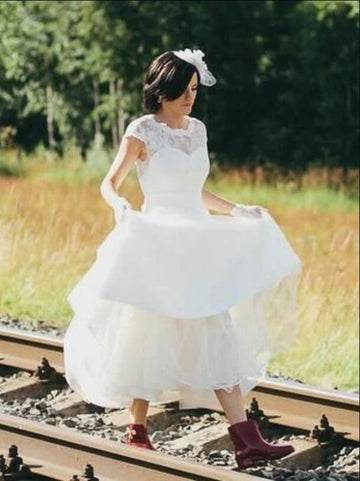 A Line Vintage 50s Rockabilly Lace Wedding Dresses Tea Length Older Brides BWD113