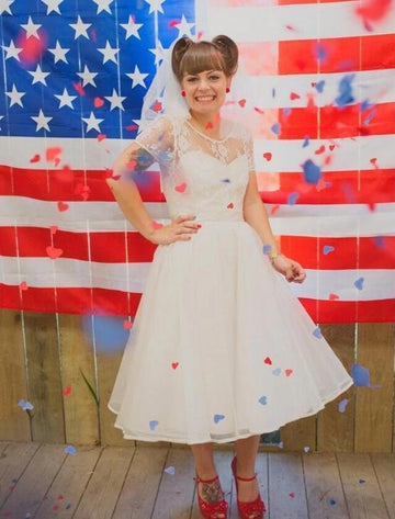 A-line Short Sleeve Vintage Tea Length 60s Rockabilly Wedding Dress BWD114