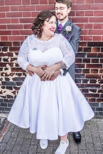 Tea Length 1950s Plus Size Rockabilly Wedding Dress Top Lace with 3/4 Sleeves BWD117