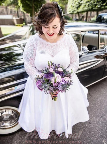 Tea Length 1950s Plus Size Rockabilly Wedding Dress Top Lace with 3/4 Sleeves BWD117