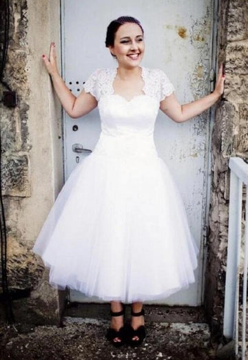 Plus Size 50s Style Tea Length Wedding Dress Rockabilly Short Sleeves for 40 50 60 Years BWD119