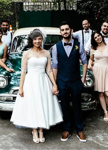 Old Lady 1950s Tea-Length Polka Dot Rockabilly Short Wedding Dress with 3/4 Sleeves BWD120