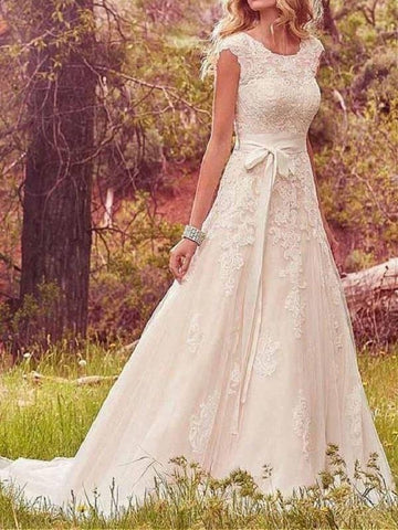 A Line Country Lace Wedding Dress with Long Trains Near Me BWD122