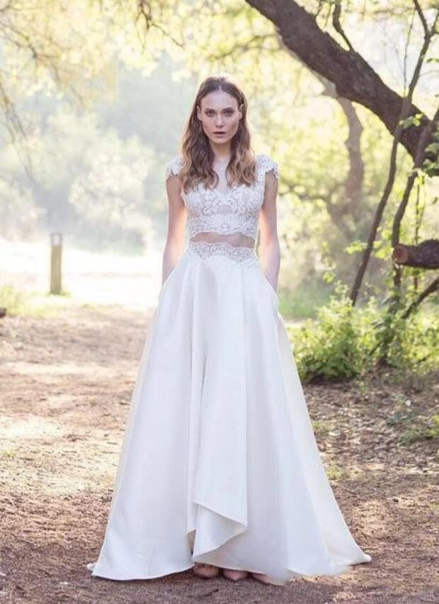 A Line Lace Cap Sleeves Two Piece Wedding Dress with Pocket for Petite A Line Lace Cap Sleeves Two Piece Wedding Dress with Pocket for Petite