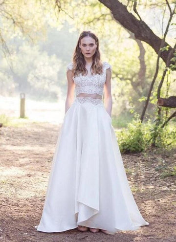 A Line Lace Cap Sleeves Two Piece Wedding Dress with Pocket for Petite Women BWD137