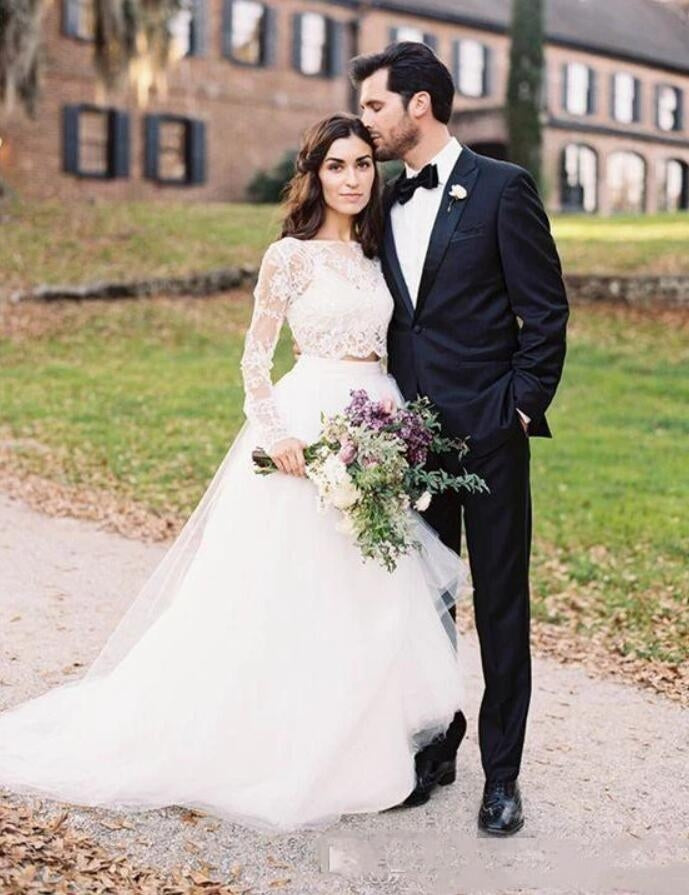Two Piece Long Sleeve Lace Crop Top Bridal Separates Wedding Dress Vil