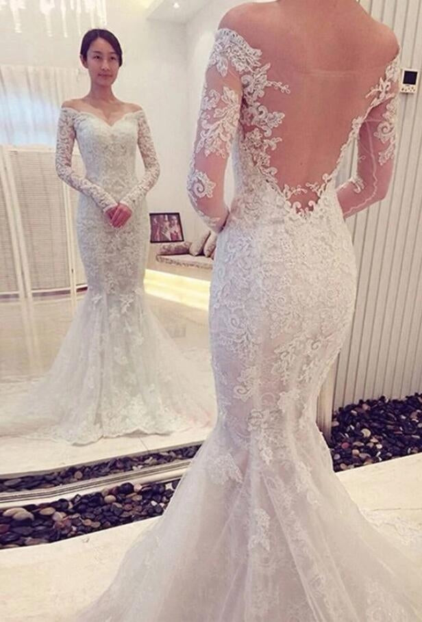Off Shoulder Mermaid Lace Wedding Dress with Long Sleeves BWD151 Off Shoulder Mermaid Lace Wedding Dress with Long Sleeves BWD151