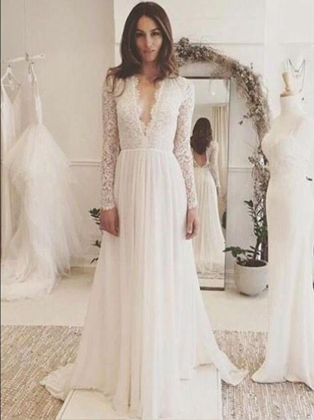Deep V Neck Long Lace Sleeve A Line Beach Reception Wedding Dress BWD1 Deep V Neck Long Lace Sleeve A Line Beach Reception Wedding Dress BWD1
