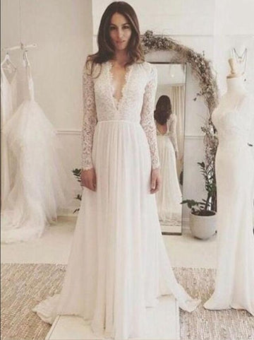 Deep V Neck Long Lace Sleeve A Line Beach Reception Wedding Dress BWD157