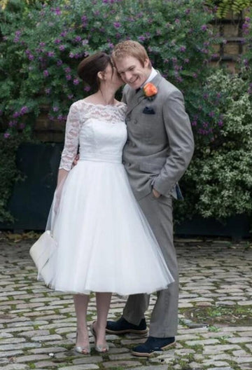 One Shoulder Lace Tea Length 50s Rockabilly Wedding Dress 2nd Marriage BWD166
