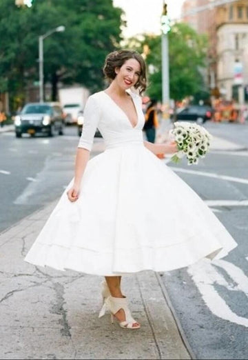 V neck Half Sleeve Tea Length Pinup Plunge 50s Style Rockabilly Wedding Dress BWD168