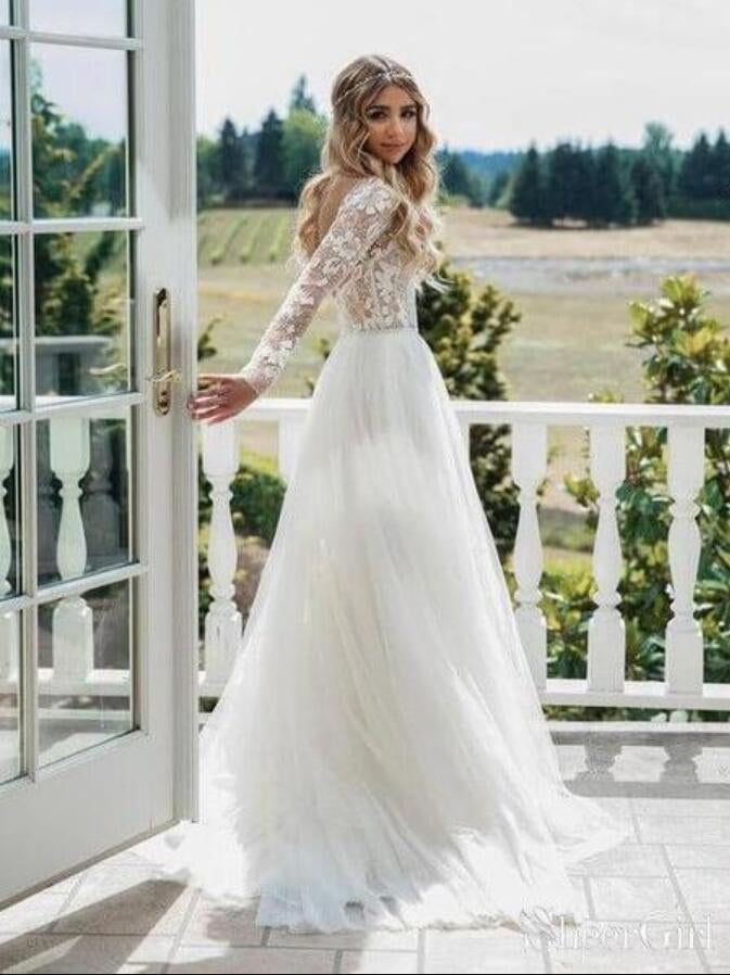 A Line Long Sleeve Lace Wedding Dress Outdoor Weddings BWD180 A Line Long Sleeve Lace Wedding Dress Outdoor Weddings BWD180