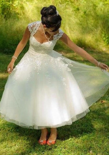 Rustic A-line 50s Lace Tulle Tea Length Rockabilly Outdoor Wedding Dress BWD191
