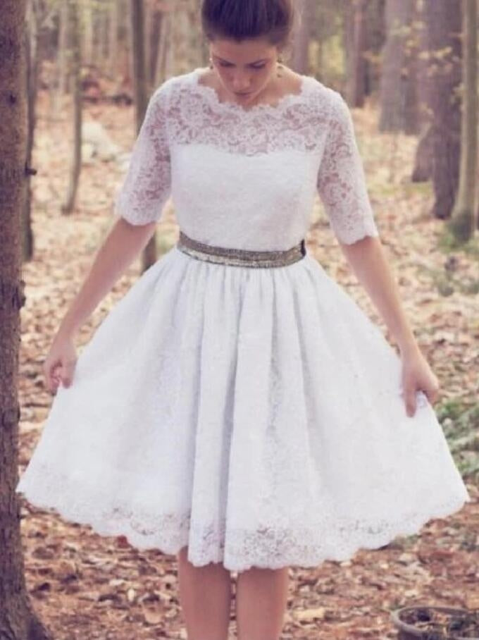 1950s Rockabilly Knee Length Half Sleeve Lace Wedding Dress BWD201