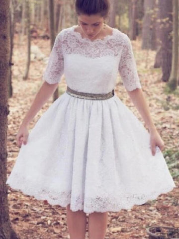 1950s Rockabilly Knee Length Half Sleeve Lace Wedding Dress BWD201