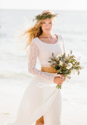 Flowy Beach Lace Long Sleeve Two Piece Wedding Dress BWD209