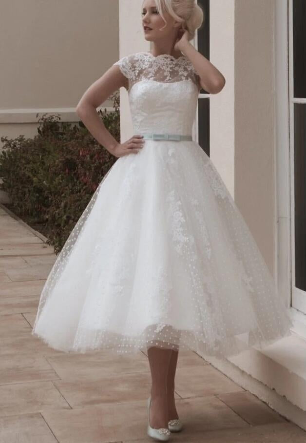 1950s A Line Tea Length Lace Retro Rockabilly Wedding Dress BWD216