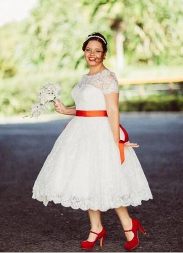Plus Size Tea Length Lace Country Full Figure Rockabilly Wedding Dress BWD219
