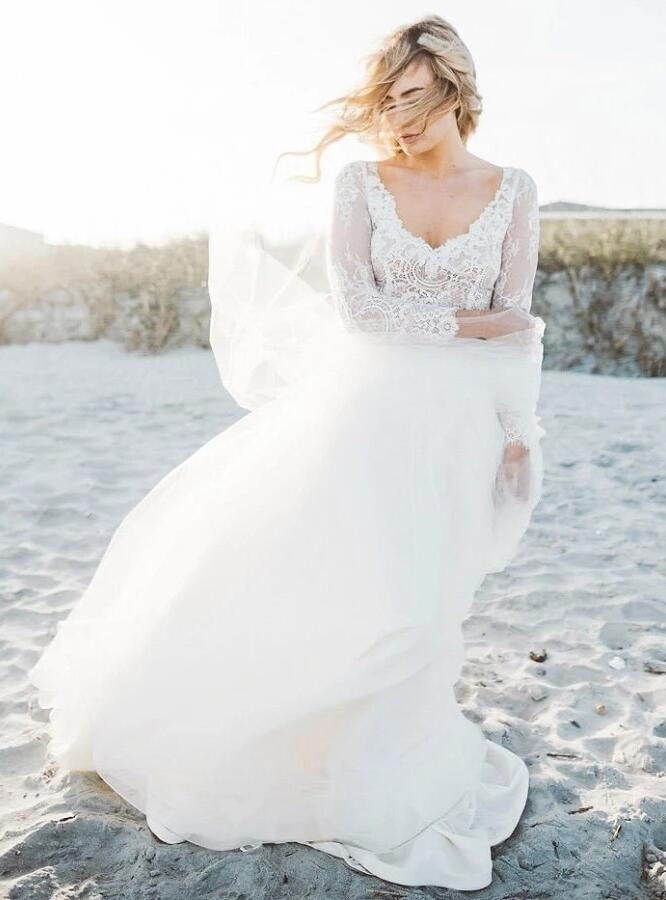 Long Sleeve Beach Lace Two Piece Wedding Dress BWD223 Long Sleeve Beach Lace Two Piece Wedding Dress BWD223