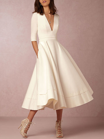 V Neck Tea Length Satin Half Sleeve Rockabilly 1950s Wedding Dress BWD229