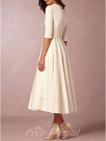 V Neck Tea Length Satin Half Sleeve Rockabilly 1950s Wedding Dress BWD229
