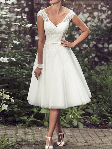 Rockabilly A Line V Neck Lace Tulle Wedding Dress BWD230