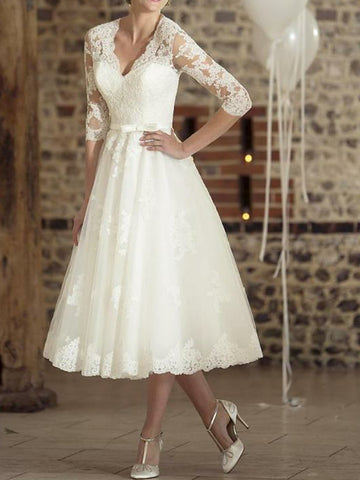 V Neck Tea Length Lace Half Sleeve Little White Dress Rockabilly Wedding Dress BWD233