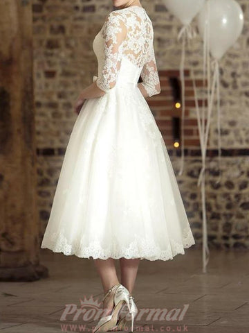 V Neck Tea Length Lace Half Sleeve Little White Dress Rockabilly Wedding Dress BWD233