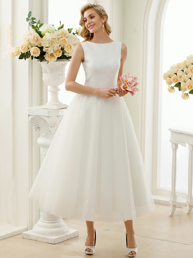 white fifties dress Rockabilly Tea Length Simple Little White Dress 50s Wedding Dress BWD2
