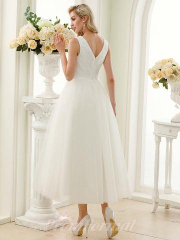 Rockabilly Tea Length Simple Little White Dress 50s Wedding Dress BWD234