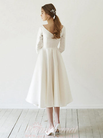 V Neck Tea Length Satin Rockabilly Little White Dress BWD238