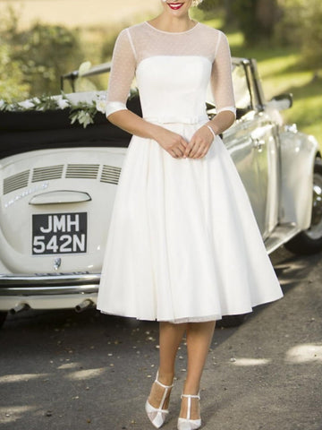 Tea Length Satin Half Sleeve Vintage Pin Up Rockabilly Wedding Dress BWD240