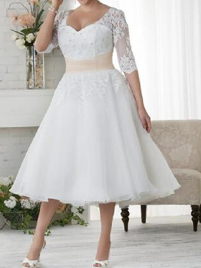 Plus Size Tea Length Bridal Tea Length Lace Half Sleeve Country
