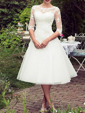 Tea Length Lace Tulle Half Sleeve Rockabilly 50s Wedding Dress BWD243