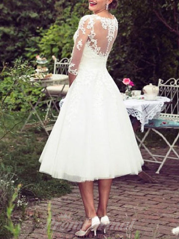 Tea Length Lace Tulle Half Sleeve Rockabilly 50s Wedding Dress BWD243