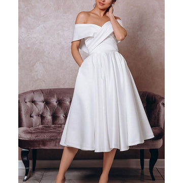 Off The Shoulder Tea Length Satin Little White Dress BWD244