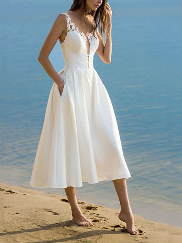 V Neck Tea Length Lace Beach Summer Little White Dress BWD245