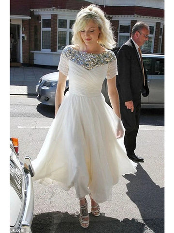 Tea Length 50s Sequined Short Sleeve Country Rockabilly Wedding Dress BWD246