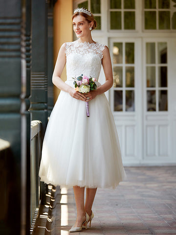 Tea Length Lace Formal Casual Outdoor Rockabilly Wedding Dress BWD247