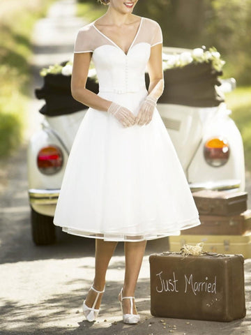 Simple V Neck Tea Length Rockabilly Wedding Dress BWD255