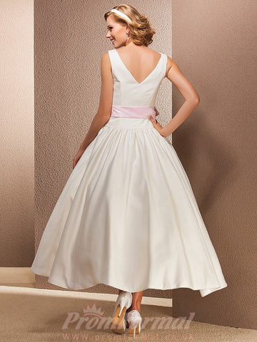 Simple White Tea Length Satin Casual Rockabilly Wedding Dress BWD257