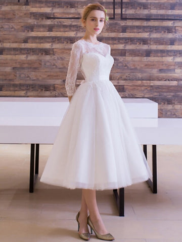 Long Sleeve Vintage Tea Length Rockabilly Wedding Dress BWD261