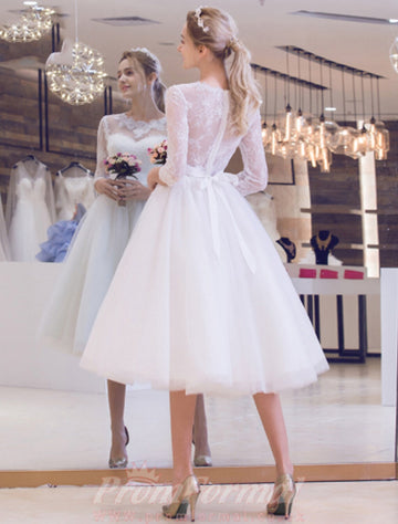 Long Sleeve Vintage Tea Length Rockabilly Wedding Dress BWD261