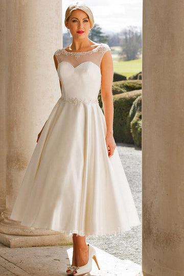 Rockabilly Tea Length Satin Outdoor Wedding Dress BWD264