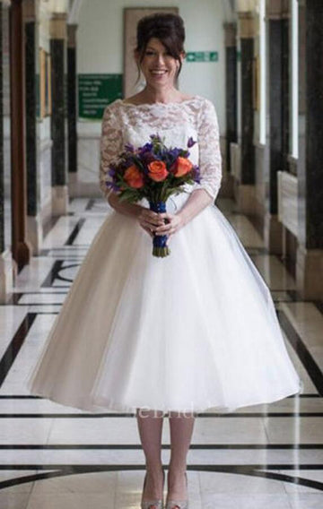 Half Sleeve Lace Tea Length Rockabilly Wedding Dress BWD272