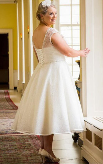 Plus Size Tea Length Rockabilly1960s Wedding Dress for Older Bride BWD282